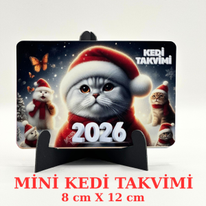 2026 KEDİ TAKVİMİ – 8 cm X 12 cm Mini Masa Takvimi - 1 mm Maket Karton Ayaklı
